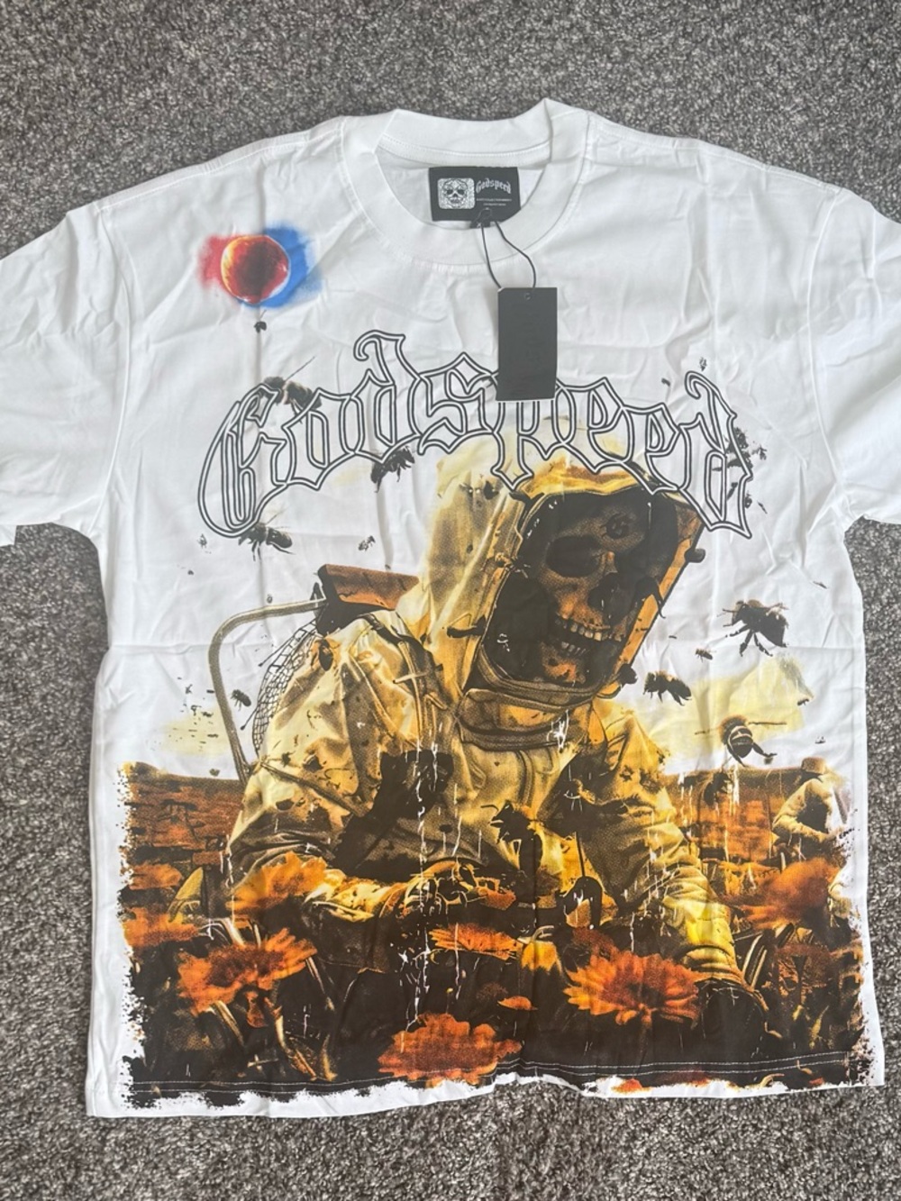 Godspeed White Graphic Men’s Shirt with Yellow & Orange Illustration